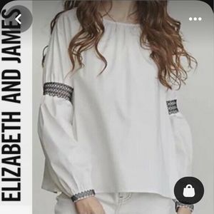 Elizabeth & James white blouse with black embroidery, puffed sleeves, XS, CUTE!